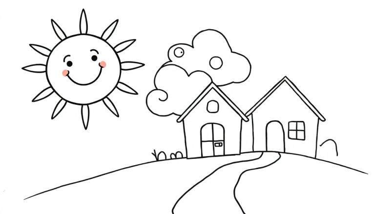 Página para colorir de um dia ensolarado com um sol sorridente, duas casas pequenas e uma nuvem misteriosa.