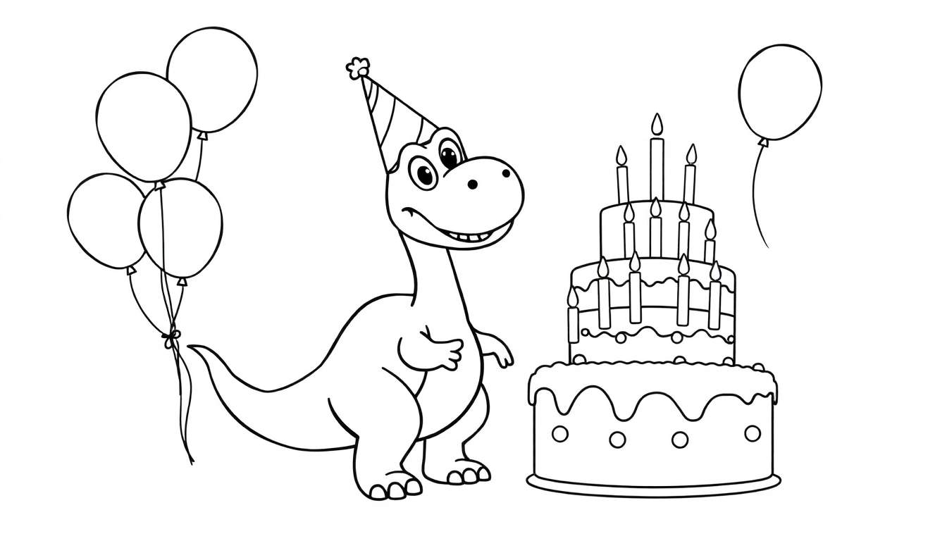 Página para colorir de um dinossauro de desenho animado feliz com chapéu de festa, bolo de aniversário com velas e balões.