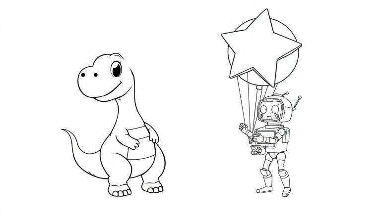 Página para colorir de um dinossauro sorridente e um robô segurando um balão em forma de estrela.