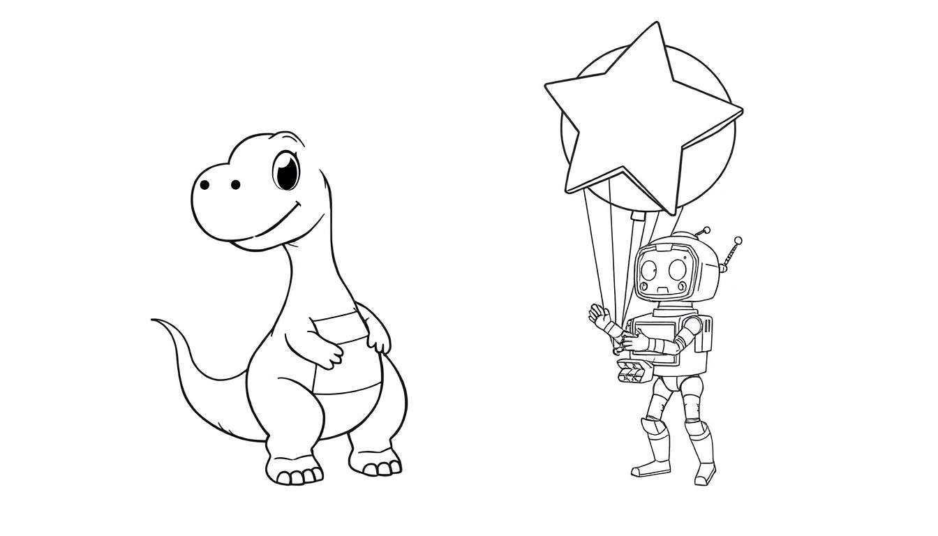 Página para colorir de um dinossauro sorridente e um robô segurando um balão em forma de estrela.