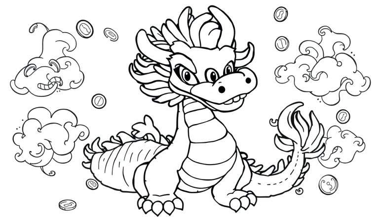 Página para colorir de um dragão de desenho animado sorrindo, sentado com nuvens fofas e moedas espalhadas ao redor.