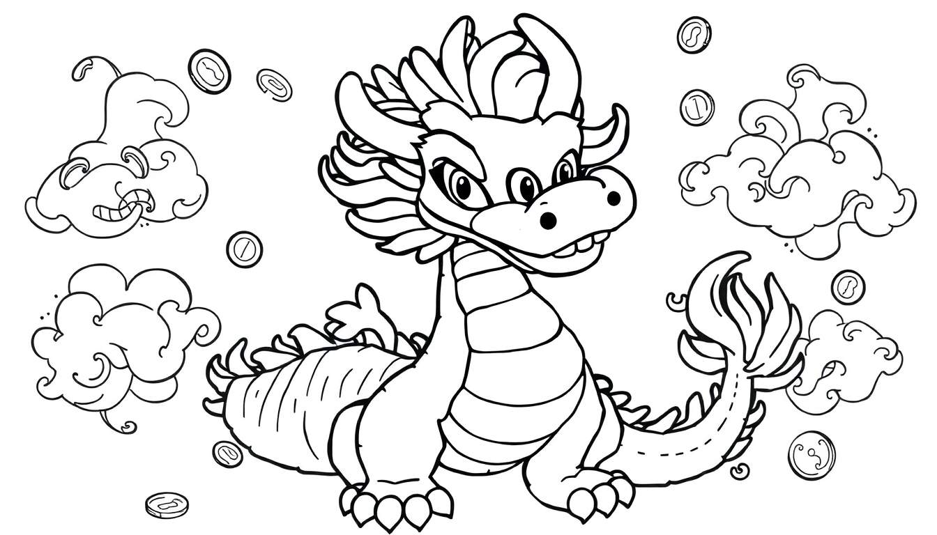 Página para colorir de um dragão de desenho animado sorrindo, sentado com nuvens fofas e moedas espalhadas ao redor.
