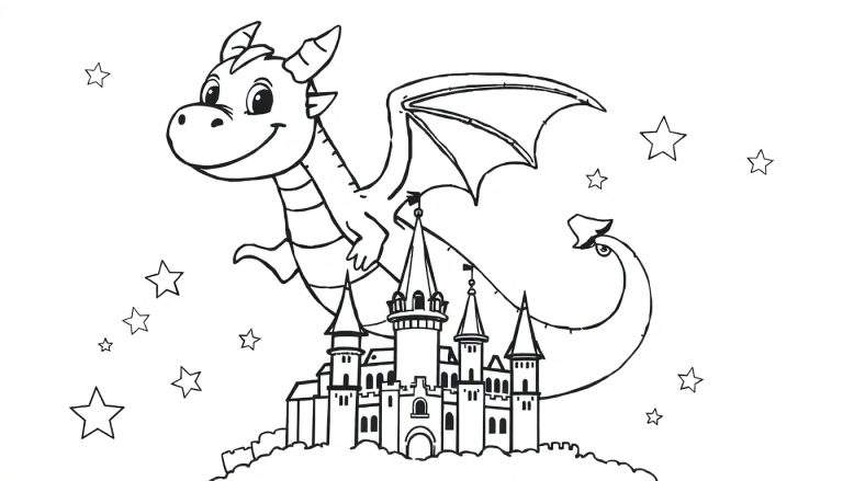Página para colorir de um dragão amigável voando sobre um castelo com estrelas no céu.