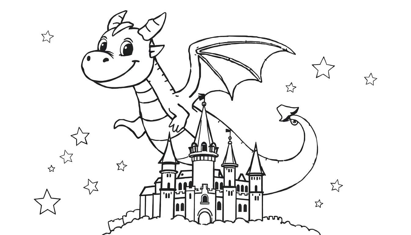 Página para colorir de um dragão amigável voando sobre um castelo com estrelas no céu.