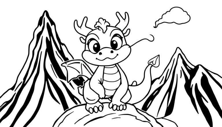 Página para colorir com um pequeno dragão fofo sentado numa rocha com montanhas e uma nuvem ao fundo.