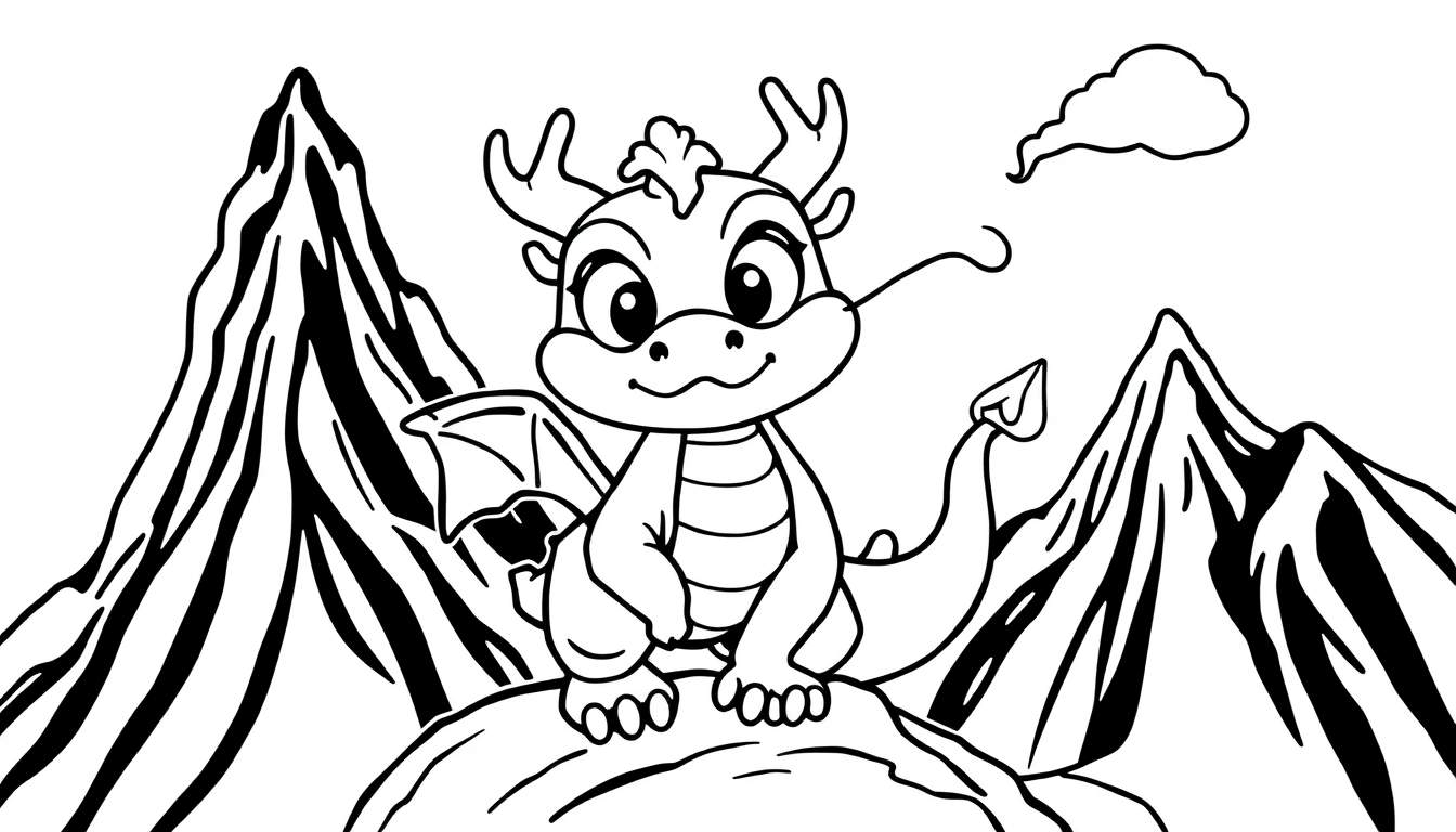 Página para colorir com um pequeno dragão fofo sentado numa rocha com montanhas e uma nuvem ao fundo.