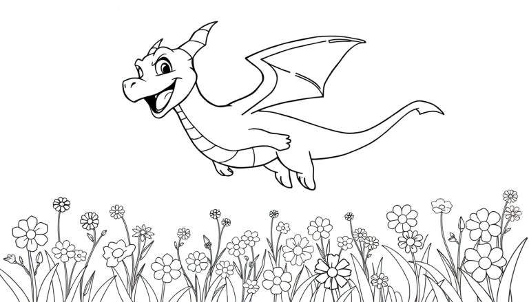 Página para colorir de um dragão de desenho animado sorridente a voar sobre um campo de flores.