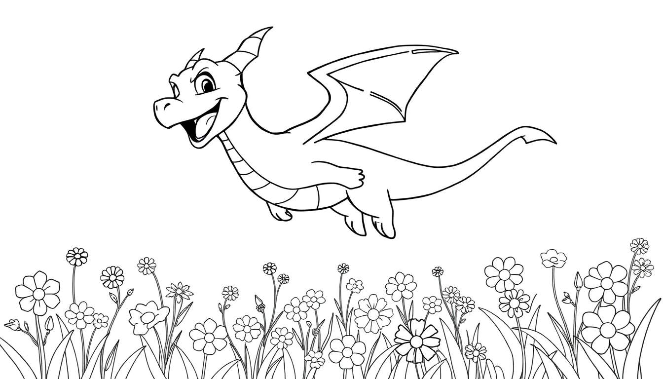Página para colorir de um dragão de desenho animado sorridente a voar sobre um campo de flores.