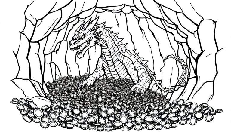 Página para colorir de um dragão com escamas detalhadas sentado em uma grande pilha de moedas dentro de uma caverna rochosa com uma entrada em arco.
