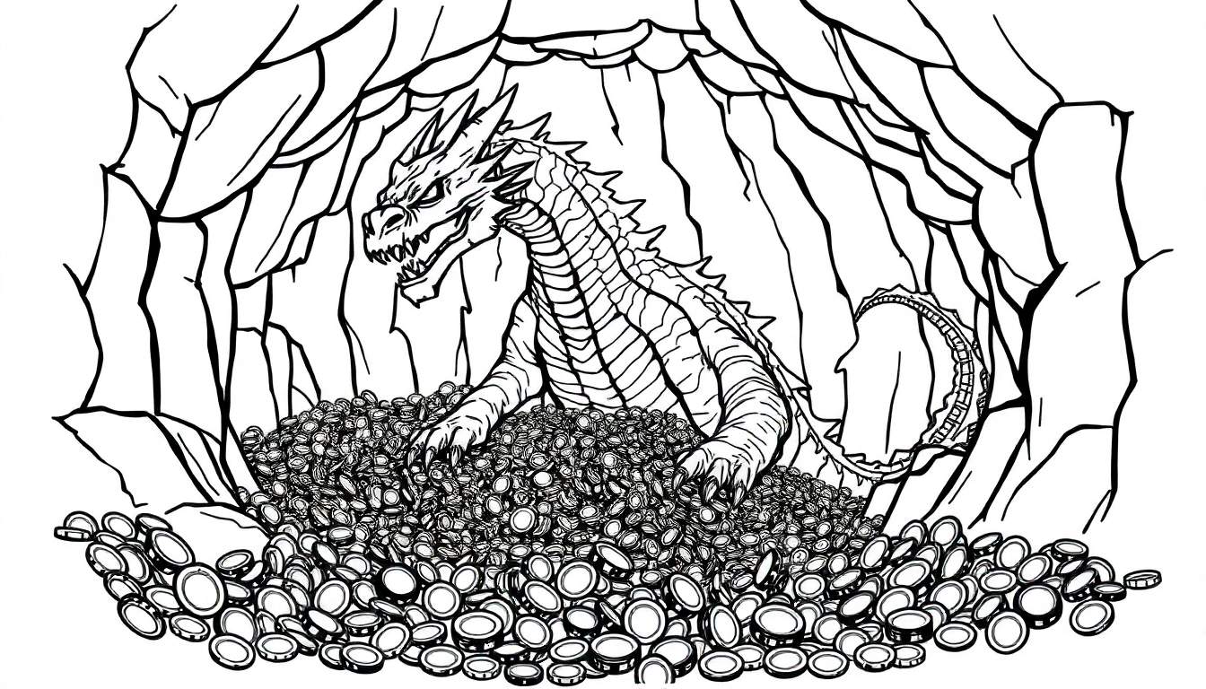 Página para colorir de um dragão com escamas detalhadas sentado em uma grande pilha de moedas dentro de uma caverna rochosa com uma entrada em arco.