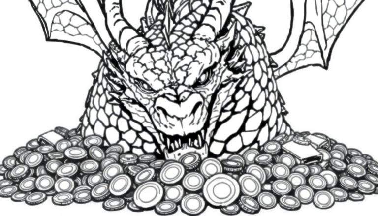 Página para colorir de um dragão guardando um tesouro de moedas e barras douradas.
