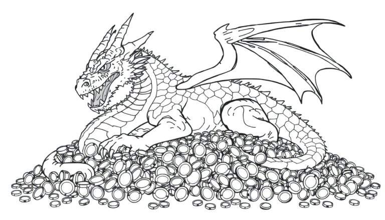Página para colorir a preto e branco de um dragão com asas abertas, deitado sobre uma pilha de moedas.