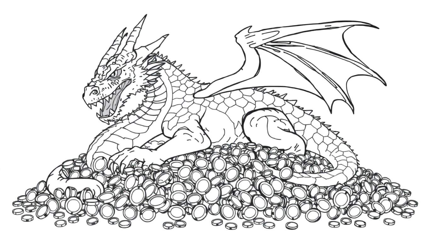 Página para colorir a preto e branco de um dragão com asas abertas, deitado sobre uma pilha de moedas.