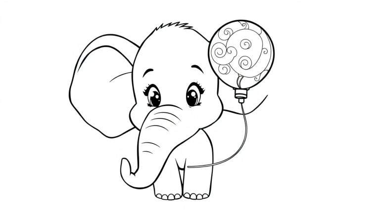 Página para colorir de um elefante bebé a segurar um balão decorado.