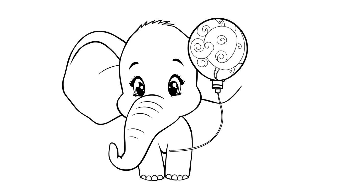 Página para colorir de um elefante bebé a segurar um balão decorado.