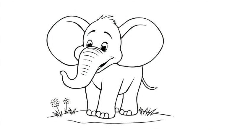 Desenho a preto e branco de um elefante de desenho animado sorridente de frente, com orelhas abertas e tromba curvada, sobre um chão com grama e flores.