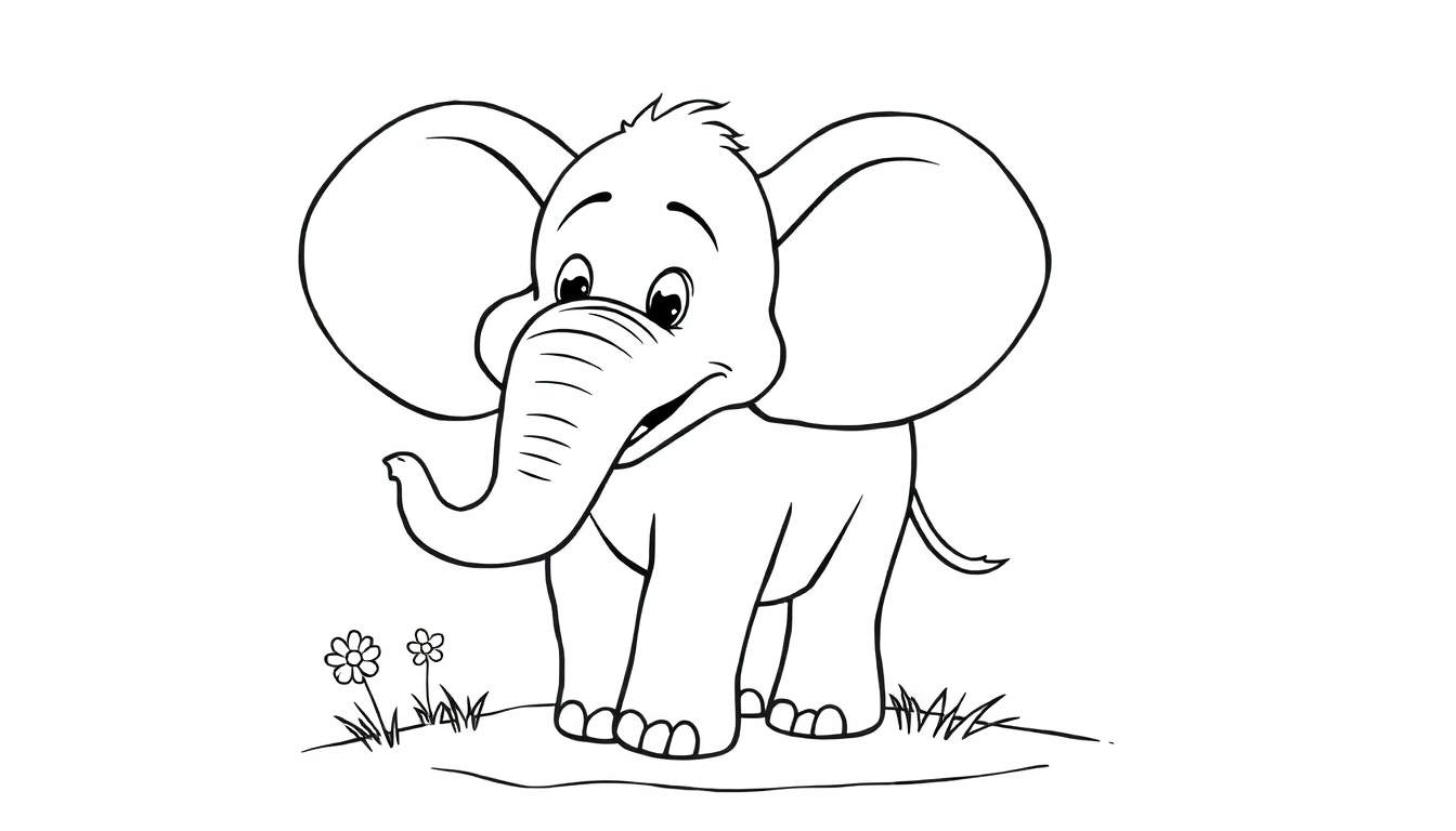 Desenho a preto e branco de um elefante de desenho animado sorridente de frente, com orelhas abertas e tromba curvada, sobre um chão com grama e flores.
