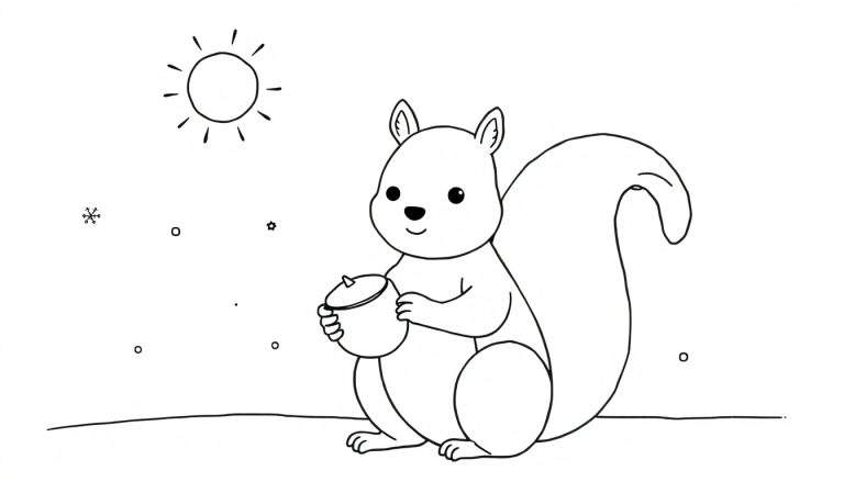 Desenho em preto e branco de um esquilo a segurar uma noz, com um sol estilizado e elementos de inverno ao fundo.