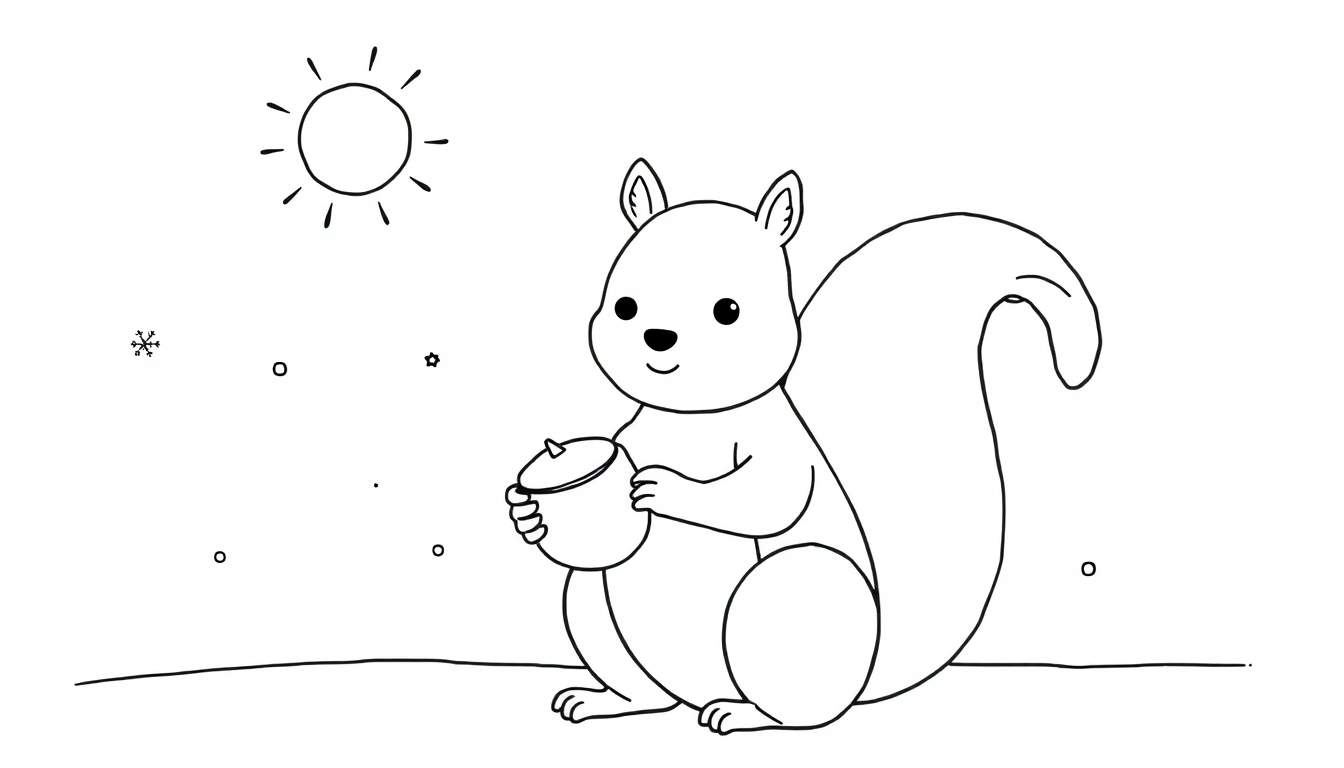 Desenho em preto e branco de um esquilo a segurar uma noz, com um sol estilizado e elementos de inverno ao fundo.