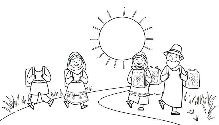 Página para colorir de um grupo de pessoas a caminhar num dia de sol, com vestuário tradicional e mochilas.