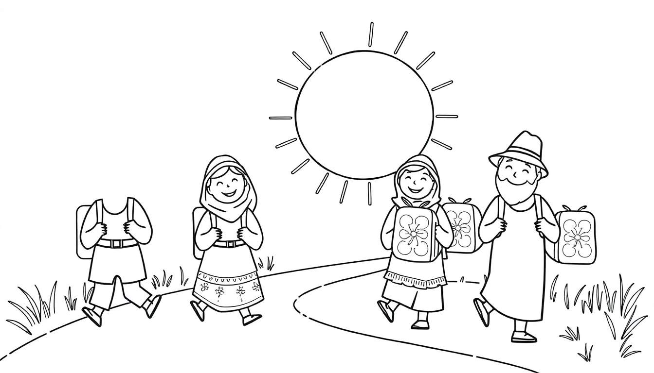 Página para colorir de um grupo de pessoas a caminhar num dia de sol, com vestuário tradicional e mochilas.