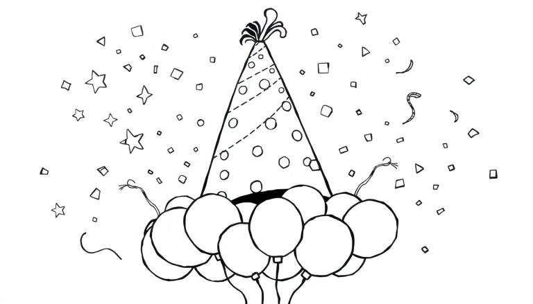 Desenho em preto e branco de um chapéu de festa pontiagudo com balões e confetes, pronto para colorir.