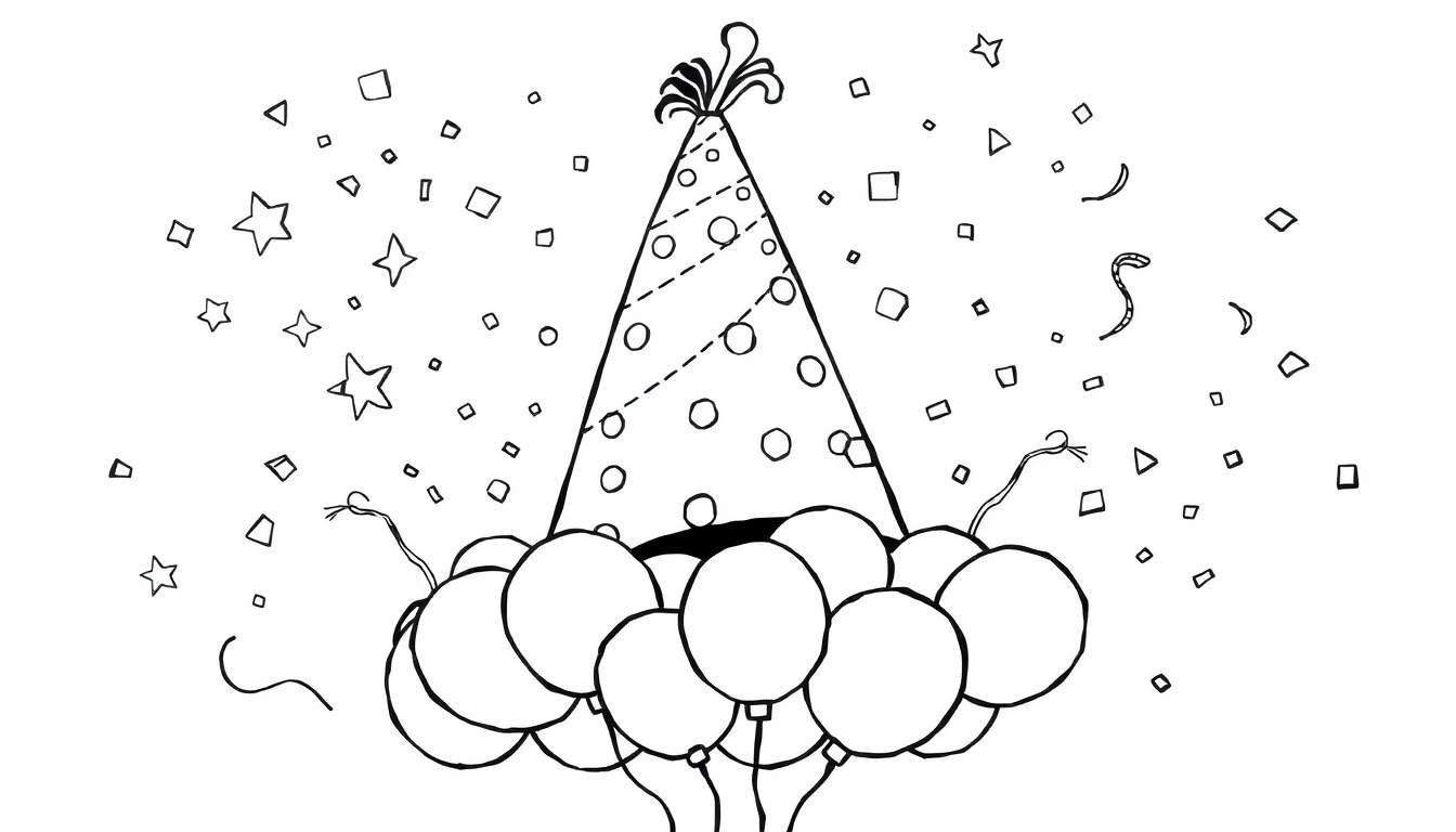 Desenho em preto e branco de um chapéu de festa pontiagudo com balões e confetes, pronto para colorir.