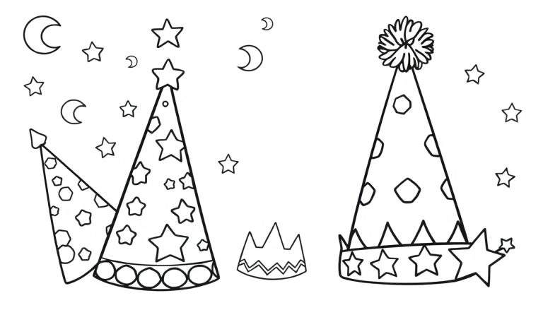 Ilustração de contorno para colorir de chapéus de festa com tema espacial e elementos celestiais.