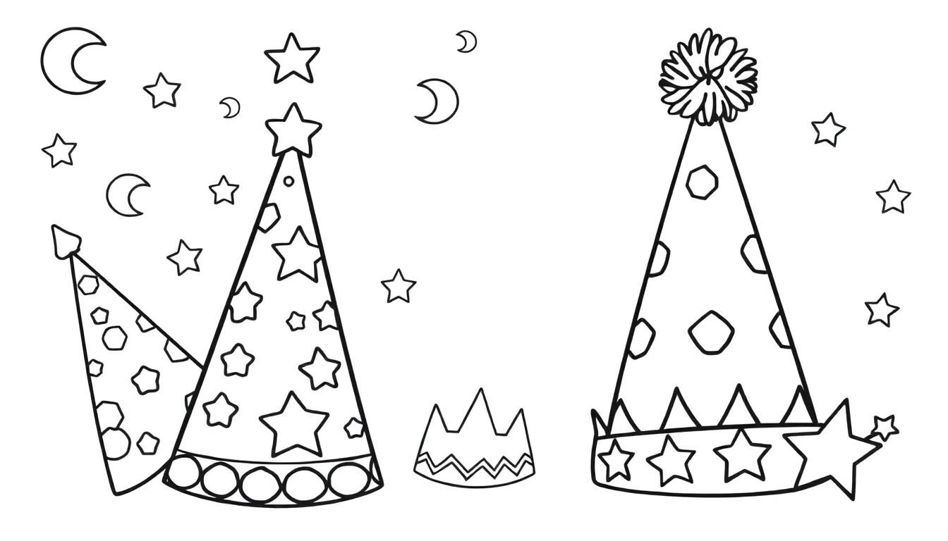 Ilustração de contorno para colorir de chapéus de festa com tema espacial e elementos celestiais.