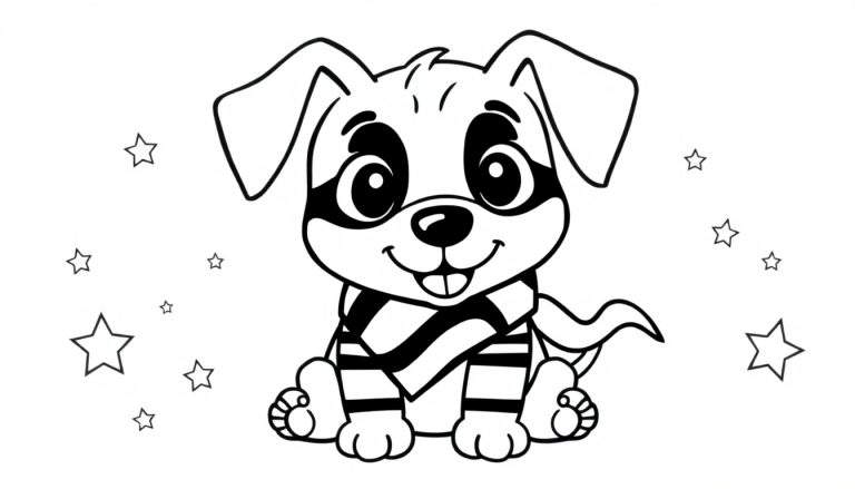 Página para colorir de um filhote de cachorro fofo sentado, usando um cachecol e com estrelas no fundo.