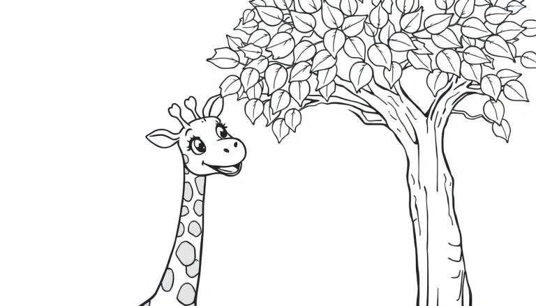 Página para colorir com contorno simples de um filhote de girafa com um rosto amigável olhando para uma árvore cheia de folhas.