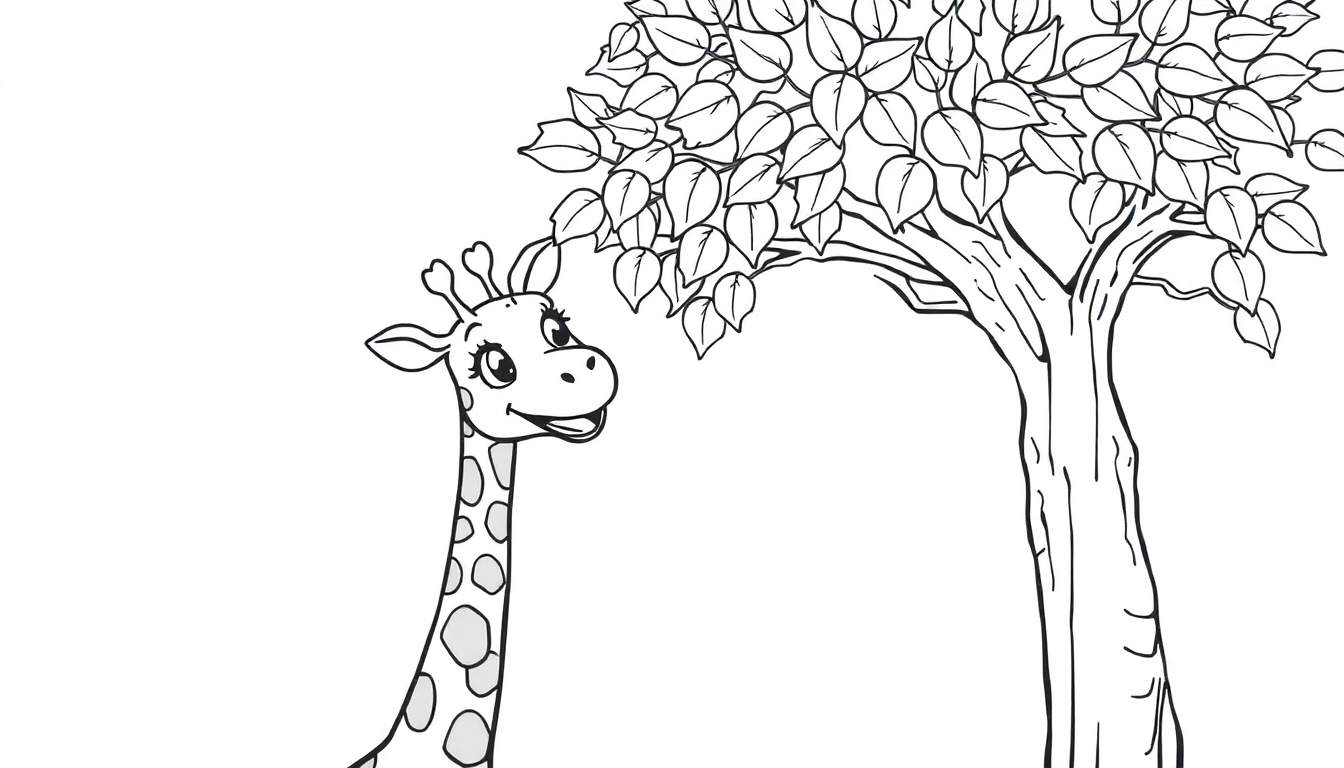 Página para colorir com contorno simples de um filhote de girafa com um rosto amigável olhando para uma árvore cheia de folhas.