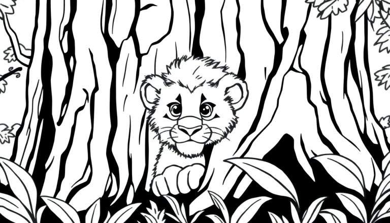 Desenho para colorir de um filhote de leão tímido espreitando por trás de arbustos e árvores com um estilo artístico em preto e branco.