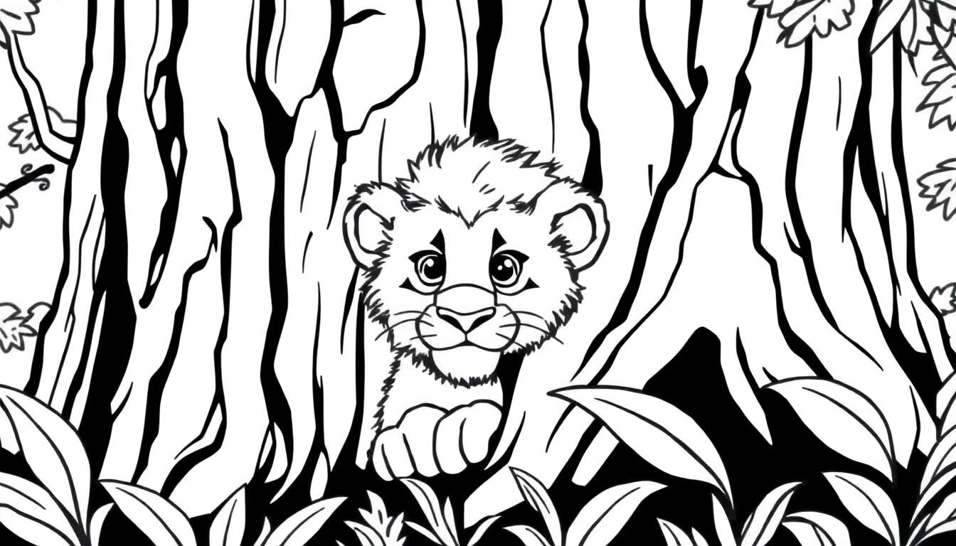 Desenho para colorir de um filhote de leão tímido espreitando por trás de arbustos e árvores com um estilo artístico em preto e branco.