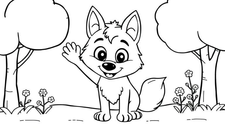Desenho a preto e branco de um filhote de lobo sorridente acenando a mão, sentado numa relva florida entre duas árvores grandes.