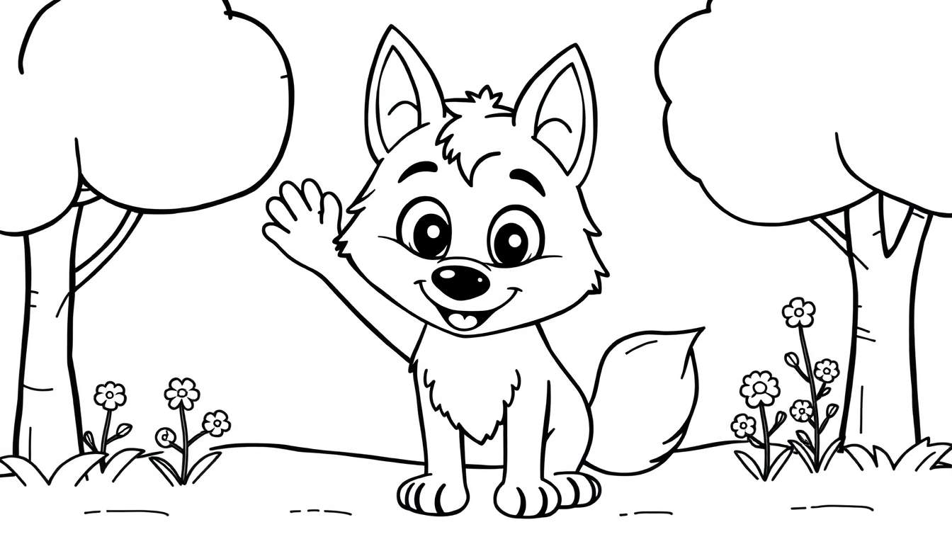 Desenho a preto e branco de um filhote de lobo sorridente acenando a mão, sentado numa relva florida entre duas árvores grandes.