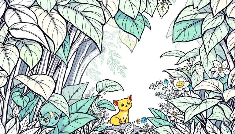 Ilustração de página para colorir cartoon de uma floresta com um filhote fofo e uma lesma estilizada espreitando por trás de folhas exuberantes.