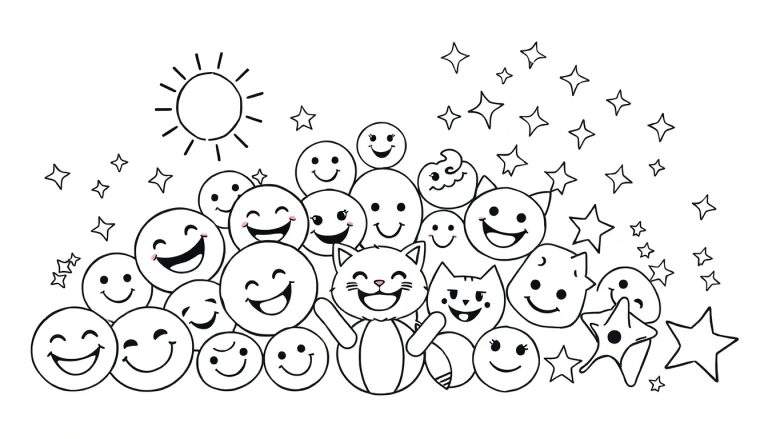 Página para colorir com um gato branco sorridente no centro, rodeado por inúmeros emojis alegres, estrelas flutuantes e um sol no canto superior esquerdo.