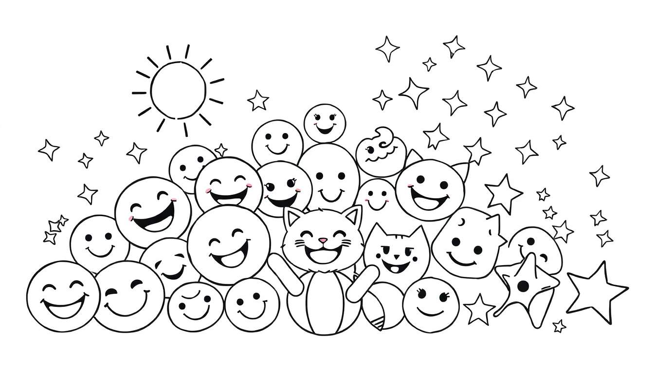Página para colorir com um gato branco sorridente no centro, rodeado por inúmeros emojis alegres, estrelas flutuantes e um sol no canto superior esquerdo.