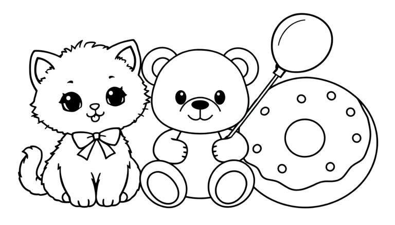 Desenho para colorir em preto e branco de um gato fofo com gravata borboleta, um urso de pelúcia com um balão e um donut com um balão.