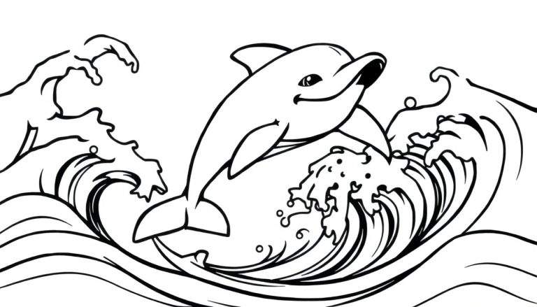 Desenho a traço preto e branco de um golfinho simpático a saltar por cima de ondas com espuma.