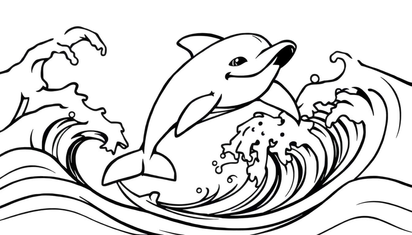 Desenho a traço preto e branco de um golfinho simpático a saltar por cima de ondas com espuma.