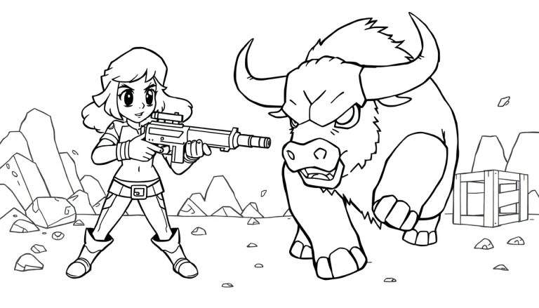 Página para colorir de uma guerreira futurista com espingarda a enfrentar um touro furioso em paisagem desértica.