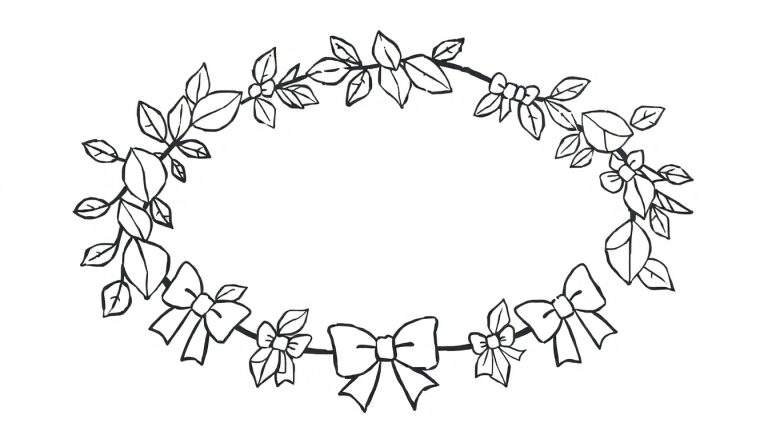 Desenho a preto e branco de uma guirlanda oval com folhas, flores e laços, pronto para ser colorido.