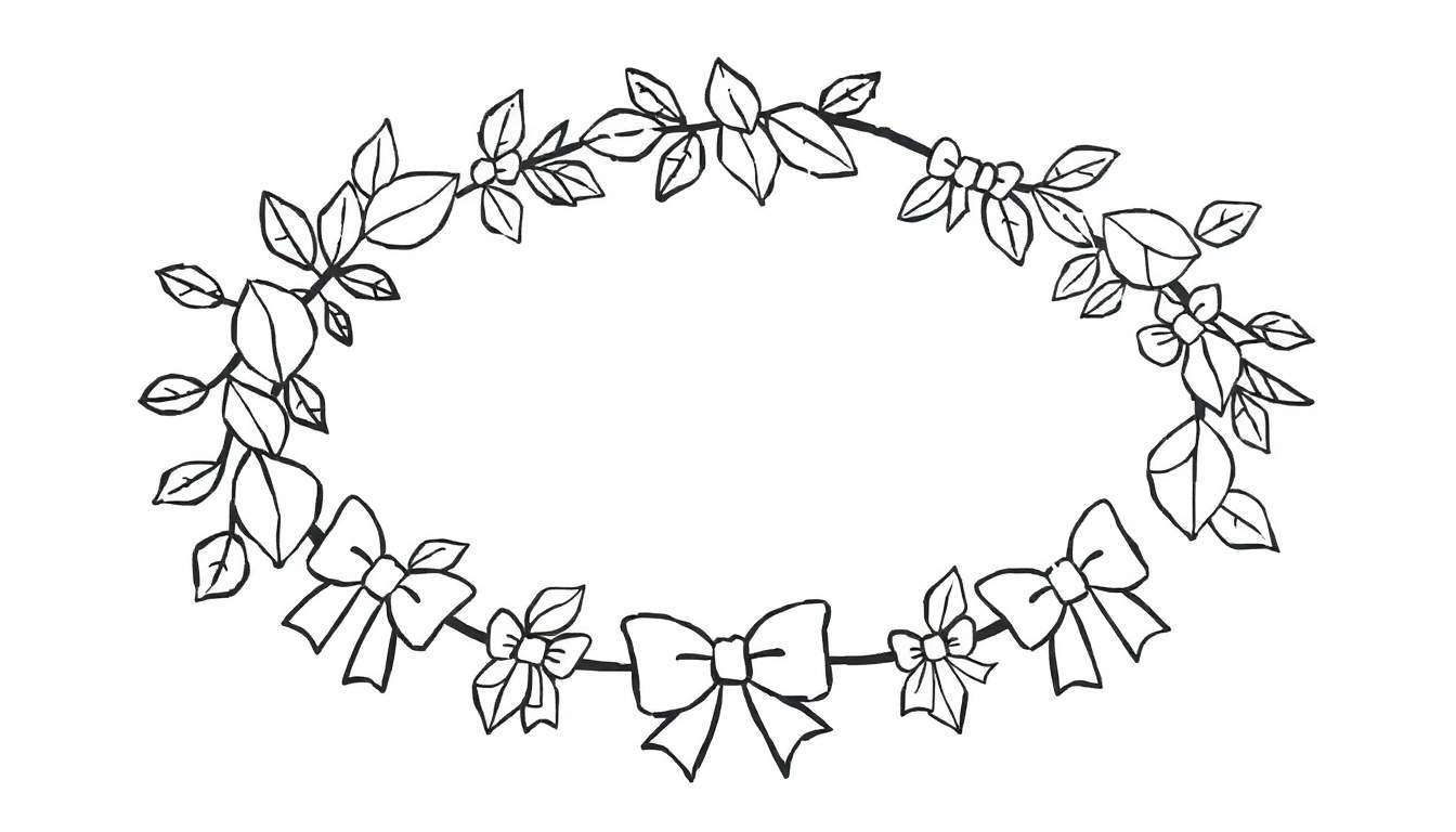 Desenho a preto e branco de uma guirlanda oval com folhas, flores e laços, pronto para ser colorido.