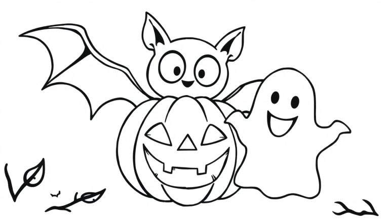 Desenho em preto e branco de Halloween para colorir com um morcego, abóbora esculpida e fantasma sorridente.