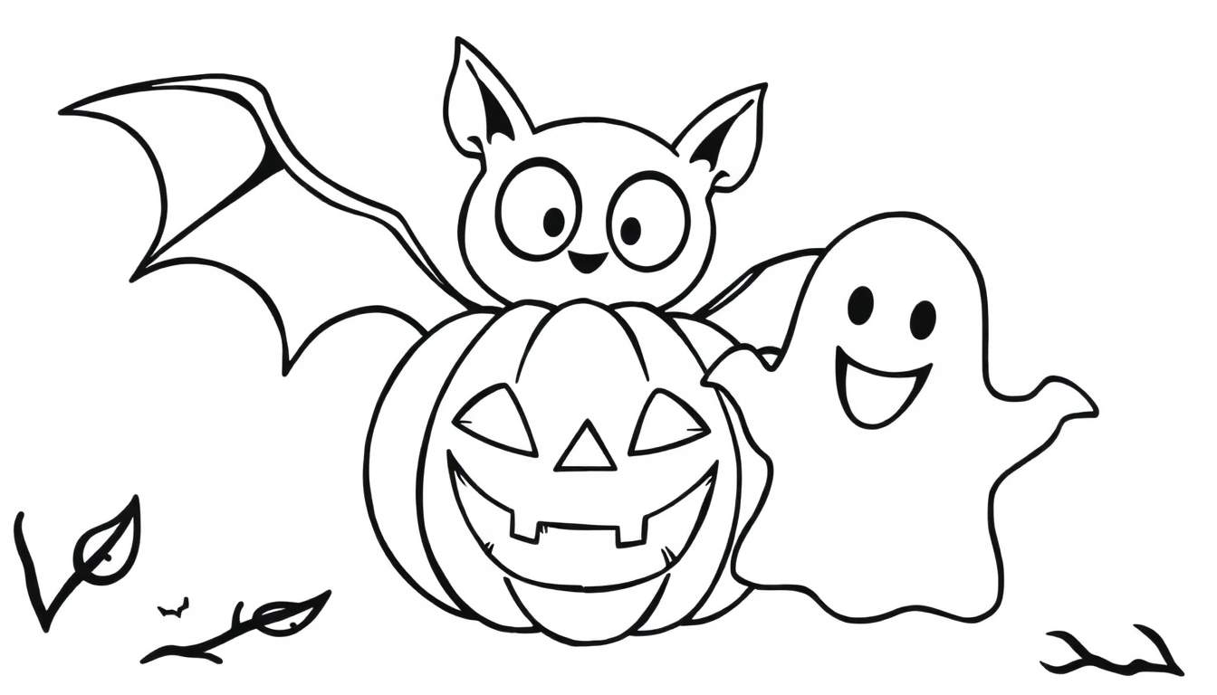 Desenho em preto e branco de Halloween para colorir com um morcego, abóbora esculpida e fantasma sorridente.