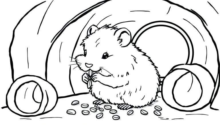Desenho a traço de um hamster fofo em estilo de desenho animado, sentado em frente a um túnel com sementes espalhadas à sua volta.