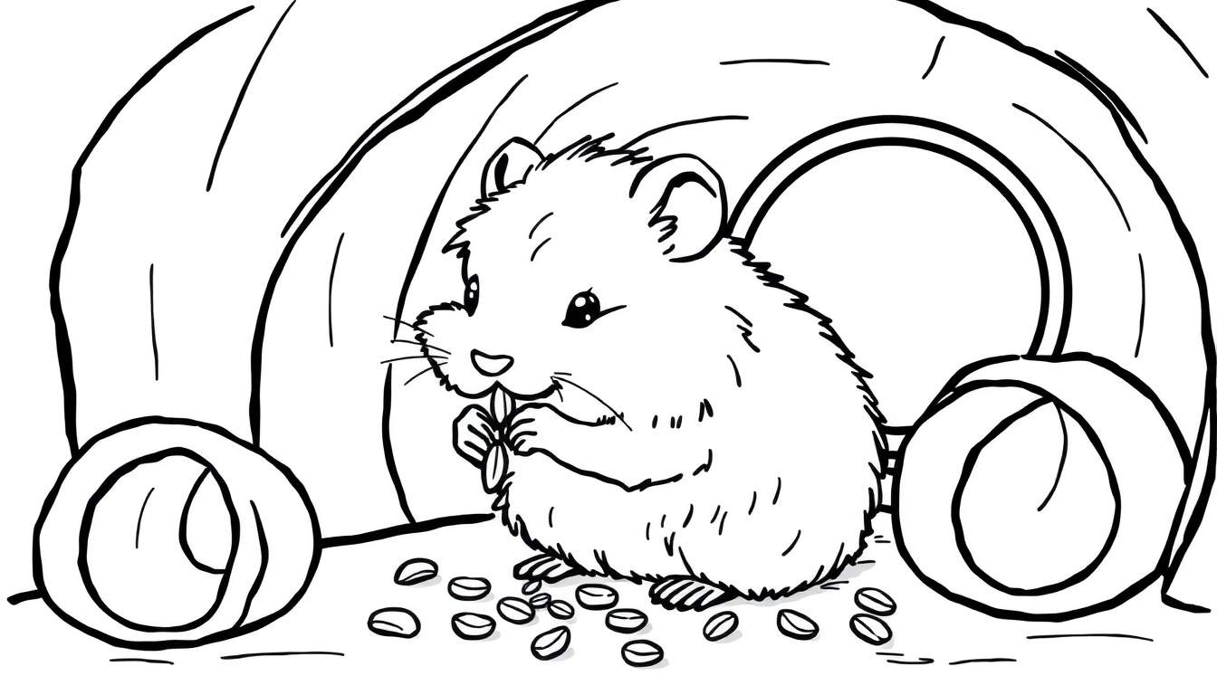 Desenho a traço de um hamster fofo em estilo de desenho animado, sentado em frente a um túnel com sementes espalhadas à sua volta.