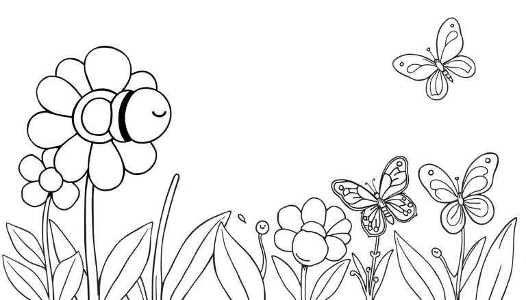 Desenho a preto e branco de um jardim florido com borboletas e uma abelha sorridente numa flor, ideal para colorir.